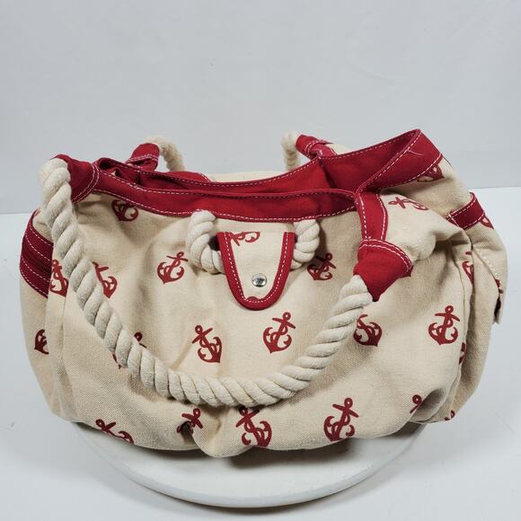 Vintage Sailor Canvas Bucket Bag Handbag Purse Red Tan 9x10x7 Inch - Picture 1 of 6